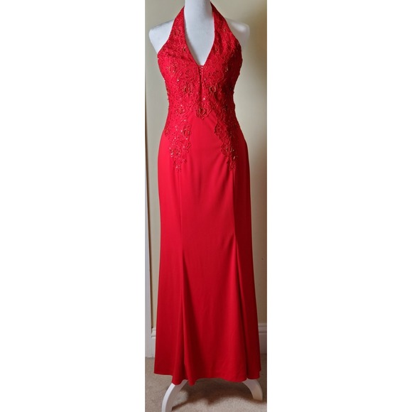 Vintage Niki Livas Red Beaded Sequin Lace Strappy Evening Gown Prom Formal 4 - Picture 1 of 9
